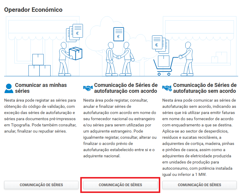 Ecrã Operador Económico com três cartões; o do meio, 'Comunicação de Séries de autofaturação com acordo', está assinalado.