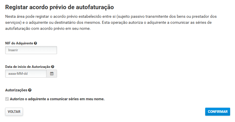 Formulário 'Registar acordo prévio de autofaturação' com os campos NIF do Adquirente e Data de início de Autorização.
